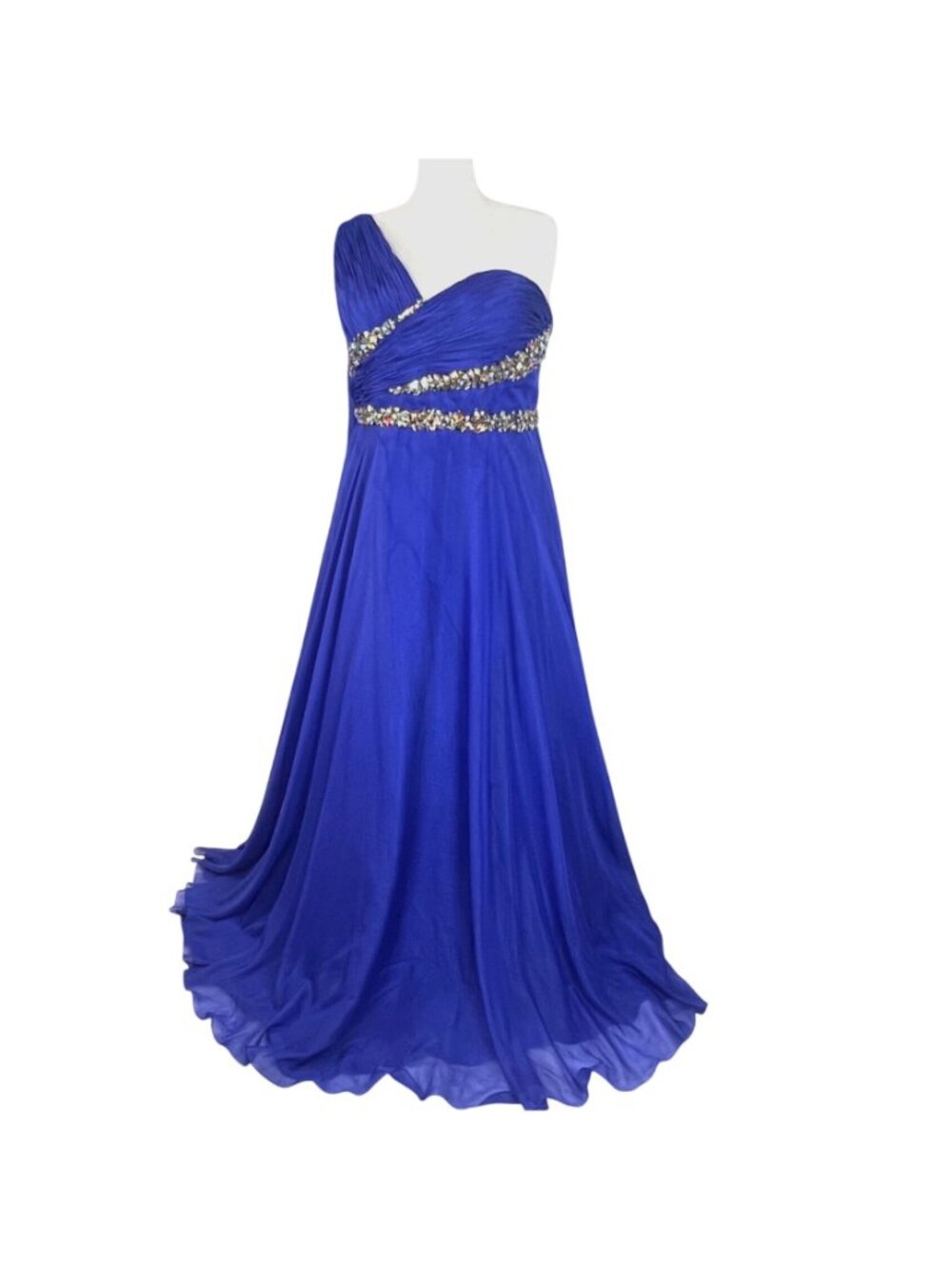Royal Blue One Shoulder Chiffon Jeweled Plus Gown 18W Flowy Train Formal Prom - Picture 2 of 9